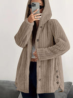 Kendall™ hooded cardigan by Les Odettes, featuring a cozy knit with a hood, button front, and long sleeves in a neutral color.