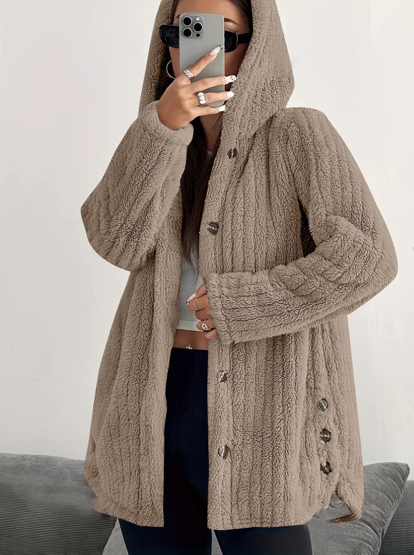 Kendall™ hooded cardigan by Les Odettes, featuring a cozy knit with a hood, button front, and long sleeves in a neutral color.