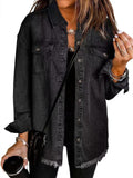 Les Odettes Madeline™ Classic Everyday Denim Jacket shown on a hanger, featuring a light blue wash, button closure, and chest pockets.