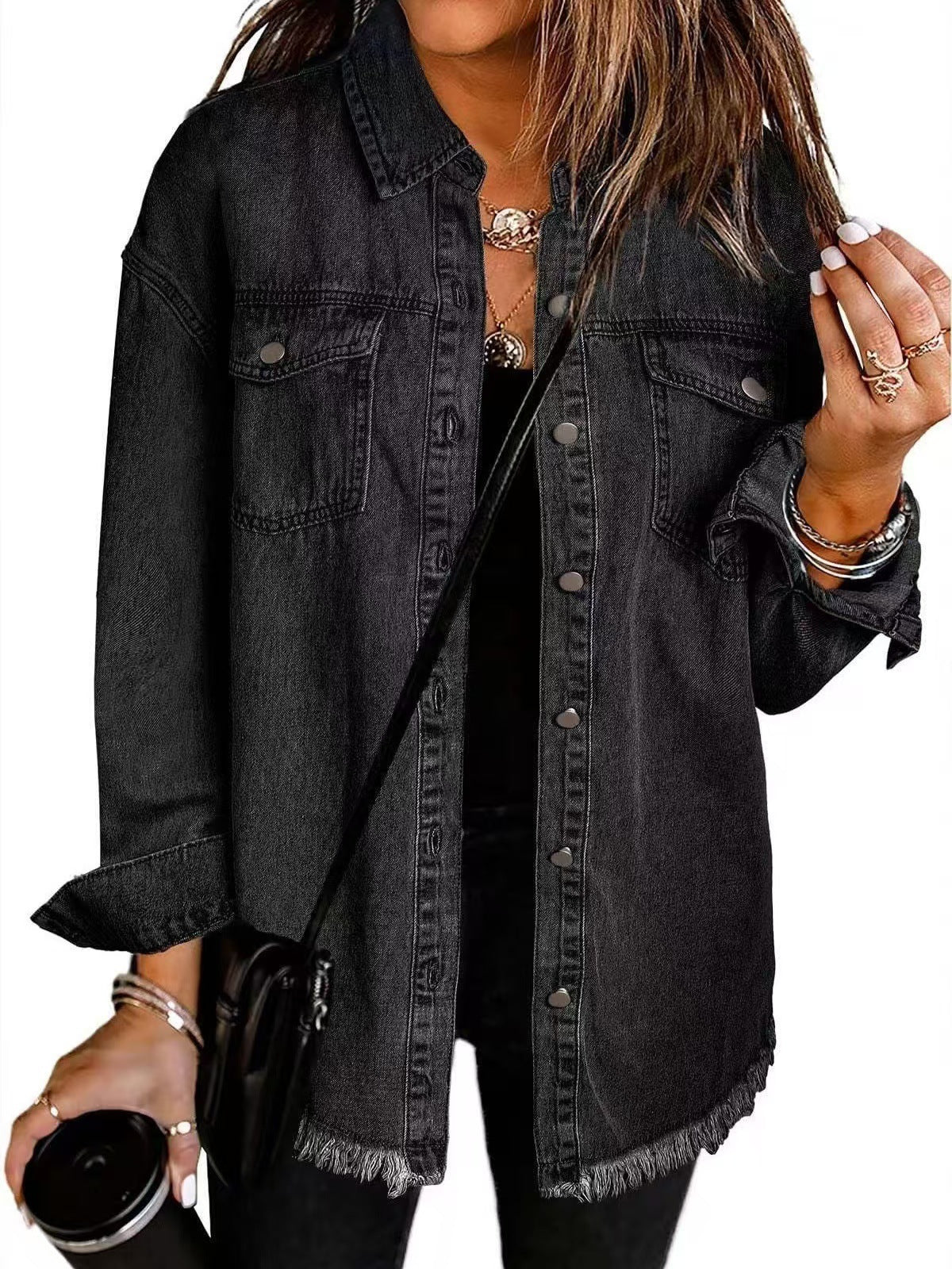 Les Odettes Madeline™ Classic Everyday Denim Jacket shown on a hanger, featuring a light blue wash, button closure, and chest pockets.