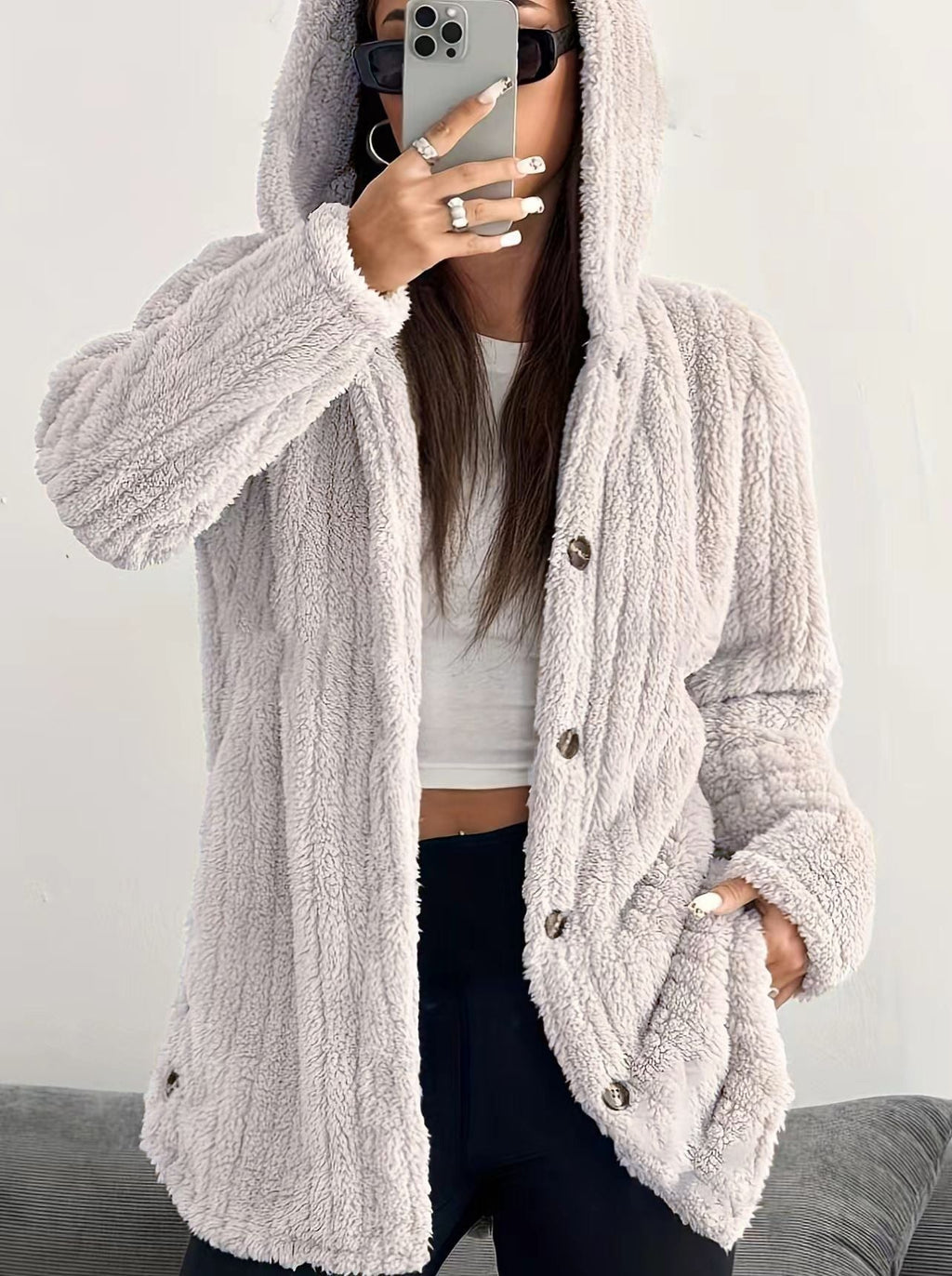 Kendall™ hooded cardigan by Les Odettes, soft knit fabric with a hood and front pockets, in a neutral color.