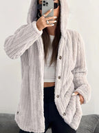 Kendall™ hooded cardigan by Les Odettes, soft knit fabric with a hood and front pockets, in a neutral color.