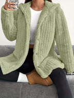 Kendall™ hooded cardigan by Les Odettes in soft knit fabric, featuring a hood, long sleeves, and a relaxed fit.