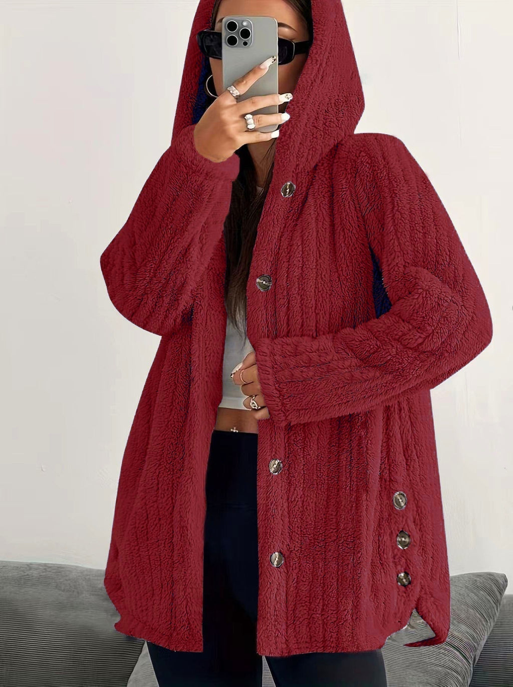 Les Odettes Kendall™ hooded cardigan in soft knit fabric, featuring a hood and front pockets, styled for casual wear.