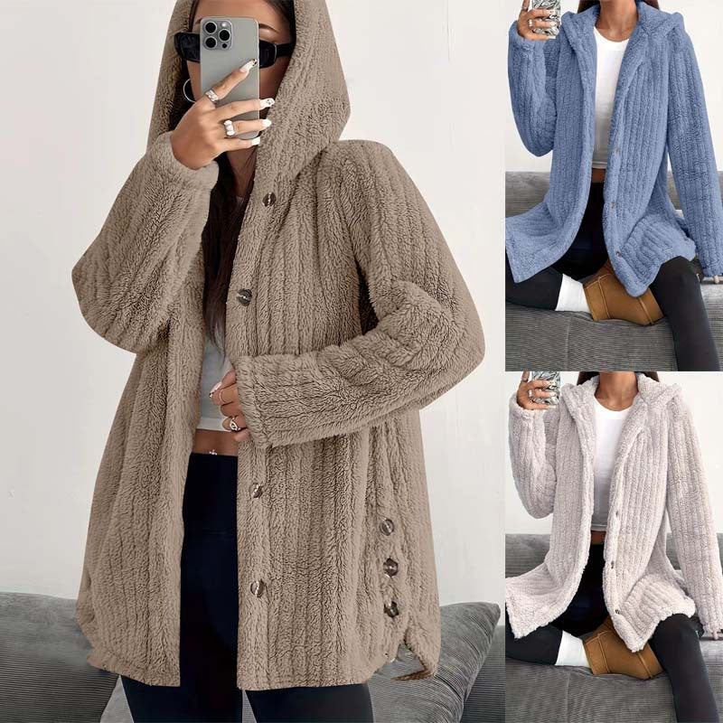 Kendall™ hooded cardigan by Les Odettes, featuring a cozy knit fabric, hood, and open front design in neutral tones.