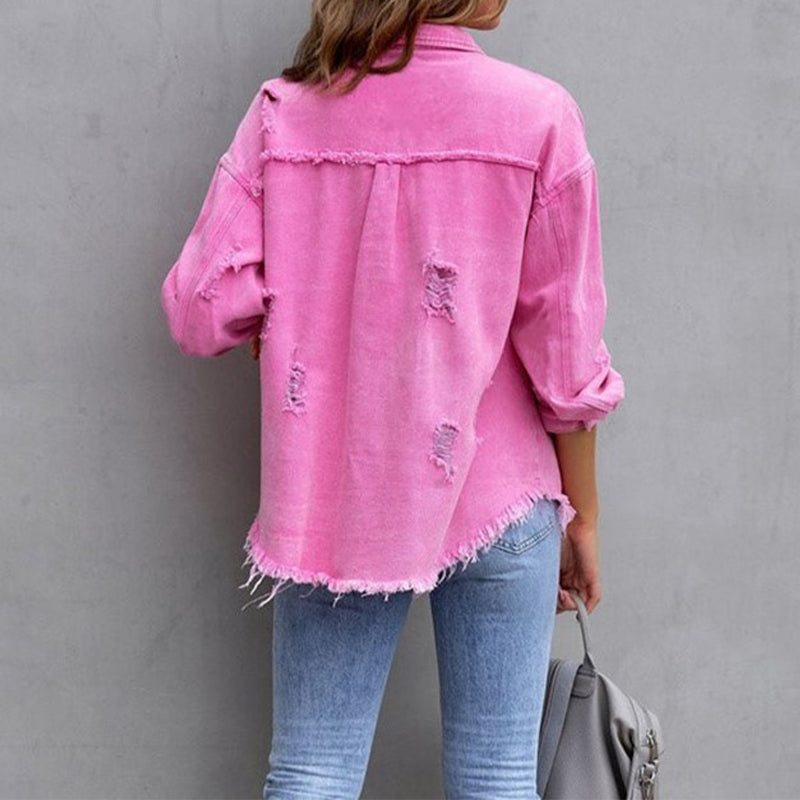 Olivia wearing the Tricia vintage-inspired denim jacket by Les Odettes, featuring classic design and detailed stitching.