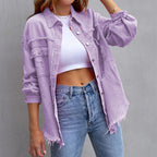 Olivia wearing the Tricia™ vintage-inspired denim jacket by Les Odettes, featuring classic design and detailed stitching.