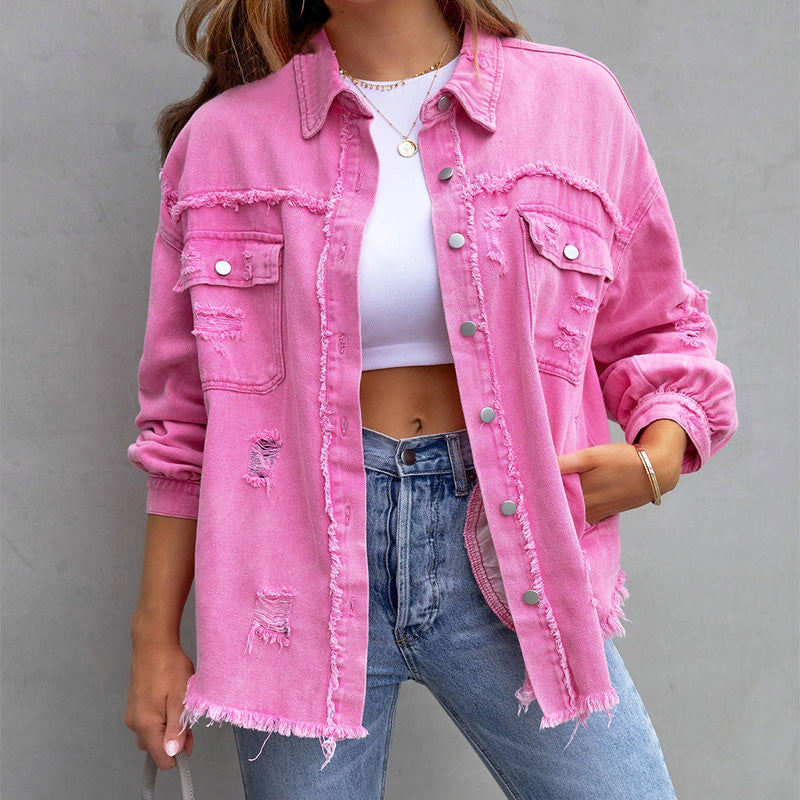 Olivia wears the Tricia vintage-inspired denim jacket by Les Odettes, featuring classic design and distressed details.