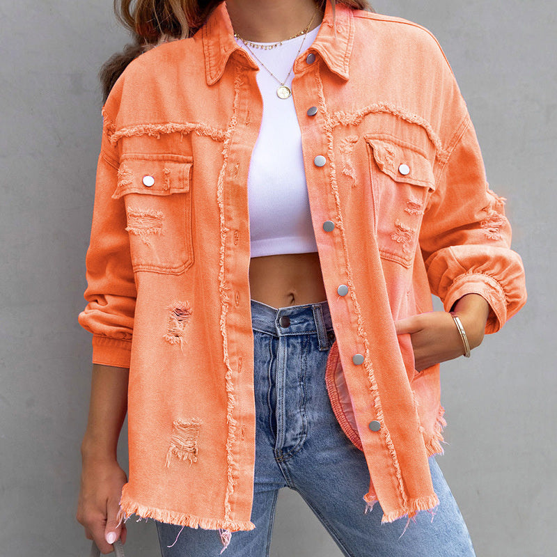 Olivia wearing the Tricia™ vintage-inspired denim jacket by Les Odettes, featuring classic stitching and a fitted silhouette.
