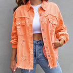 Olivia wearing the Tricia™ vintage-inspired denim jacket by Les Odettes, featuring classic stitching and a fitted silhouette.