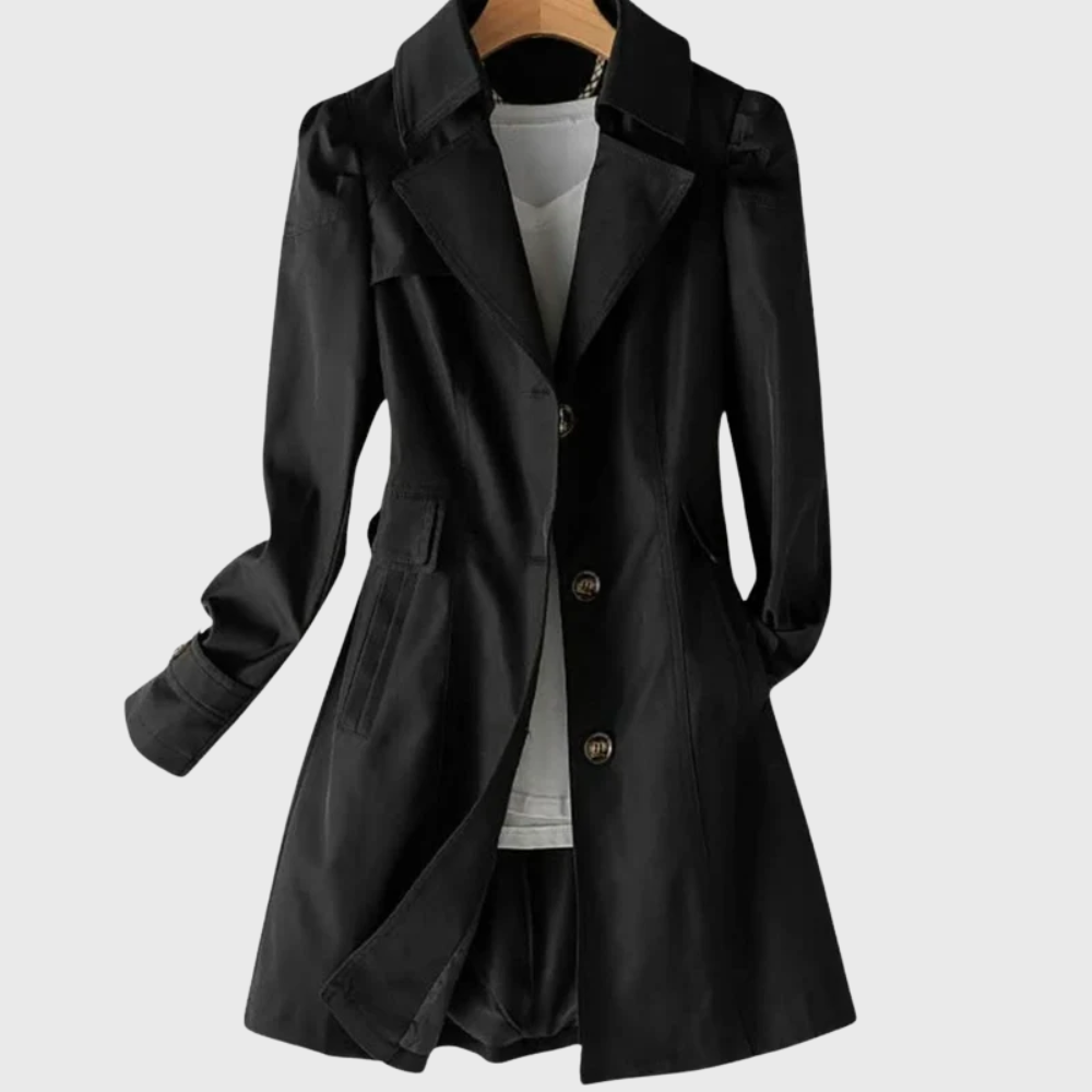 Les Odettes Merivel™ everyday rain coat in waterproof fabric, shown hanging with front view and adjustable hood.