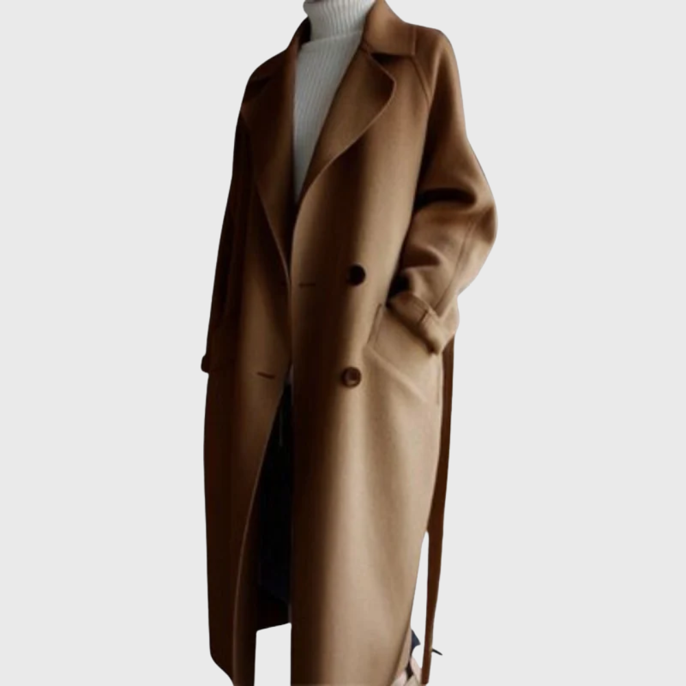 Longline Crizza™ overcoat by Les Odettes, shown in a stylish dark fabric with a tailored fit and classic collar detail.