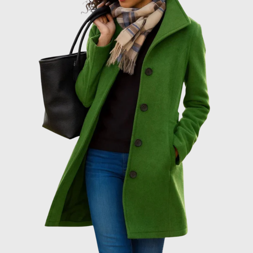 Kimmy™ longline coat by Les Odettes, stylish flattering outerwear with a tailored fit and classic design in neutral fabric