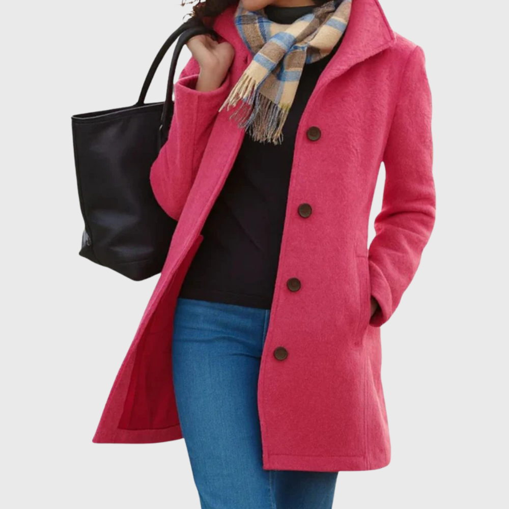 Les Odettes Kimmy™ longline coat in a flattering style, shown in a stylish, neutral-colored fabric with a tailored fit.