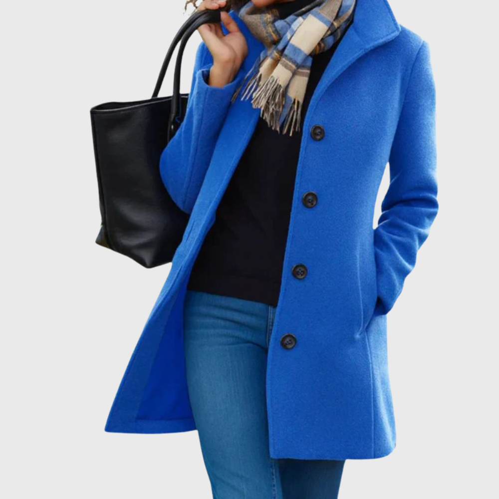 Kimmy™ longline coat by Les Odettes, showing a flattering, tailored design with a sleek silhouette and classic collar.