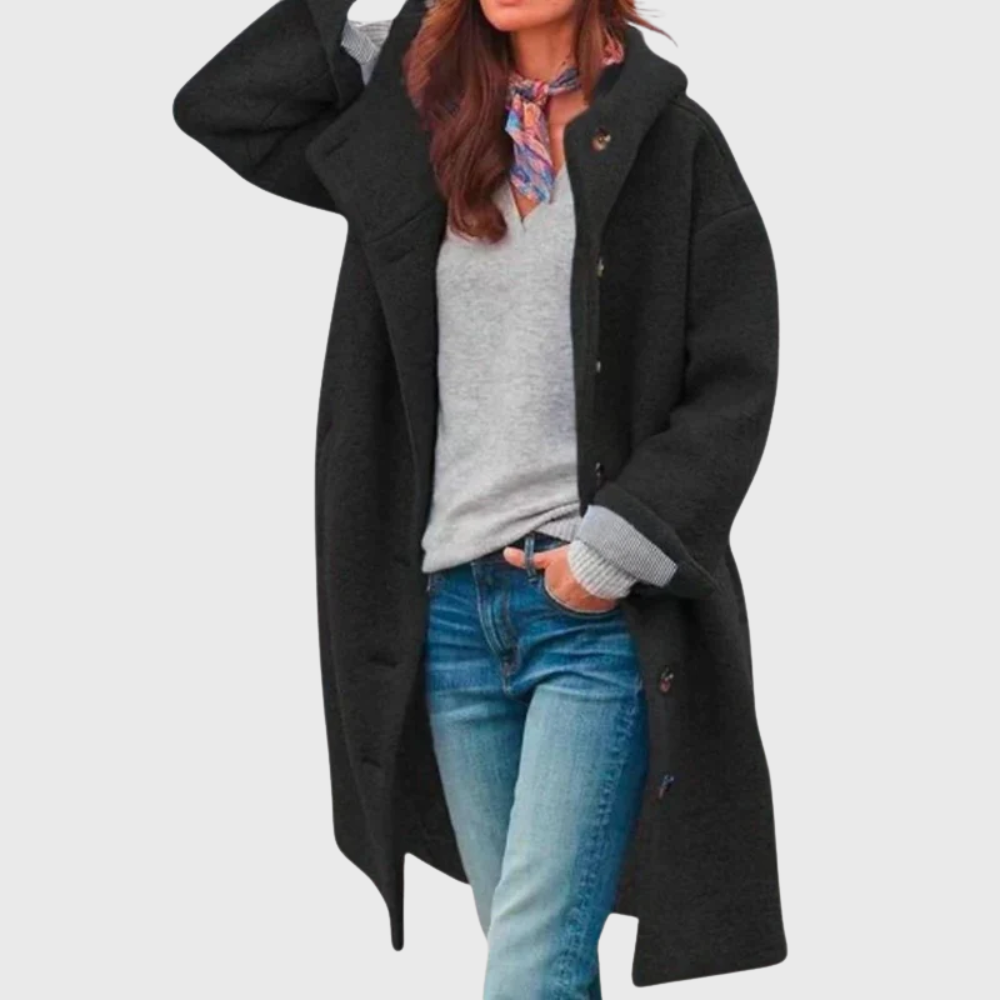 Les Odettes Crishna™ Warm Classic Coat in cozy fabric, shown in a front view with button details and a tailored fit.