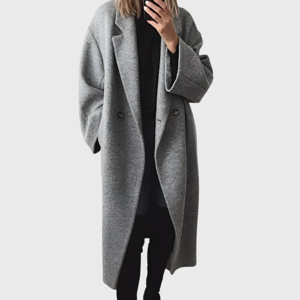 Elda™ Cosy Longline Overcoat by Les Odettes, shown in a soft fabric with a tailored fit and long silhouette.