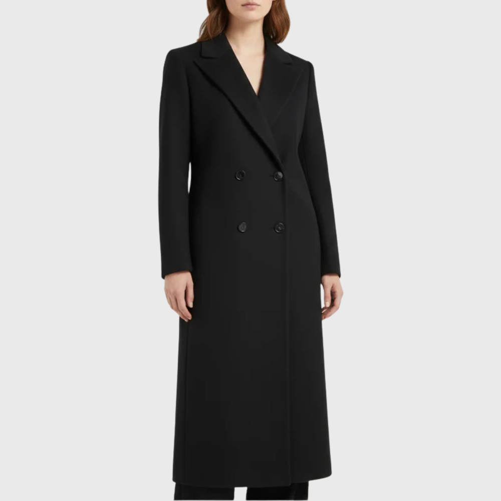 Sally™ longline winter trench coat by Les Odettes, beige color, knee-length style with classic collar and button details.