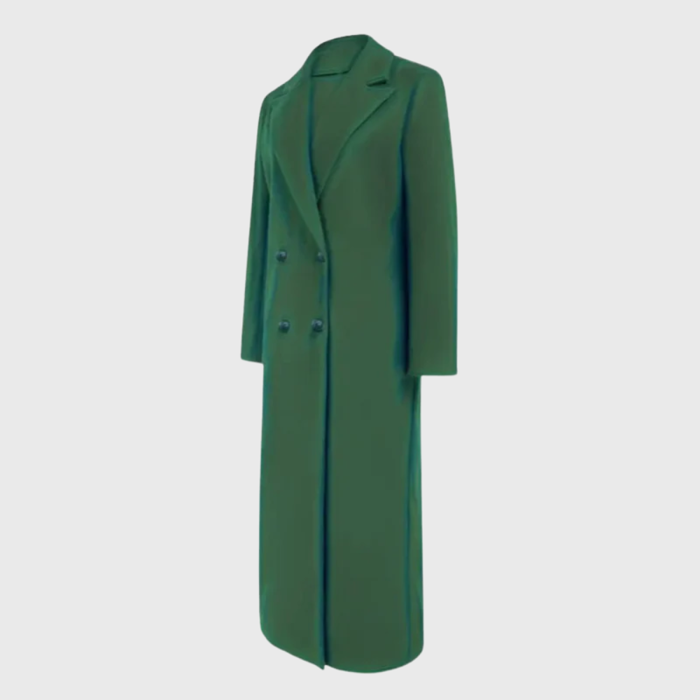 Longline winter trench coat from Sally™ by Les Odettes, featuring a classic design with a double-breasted front and belt.