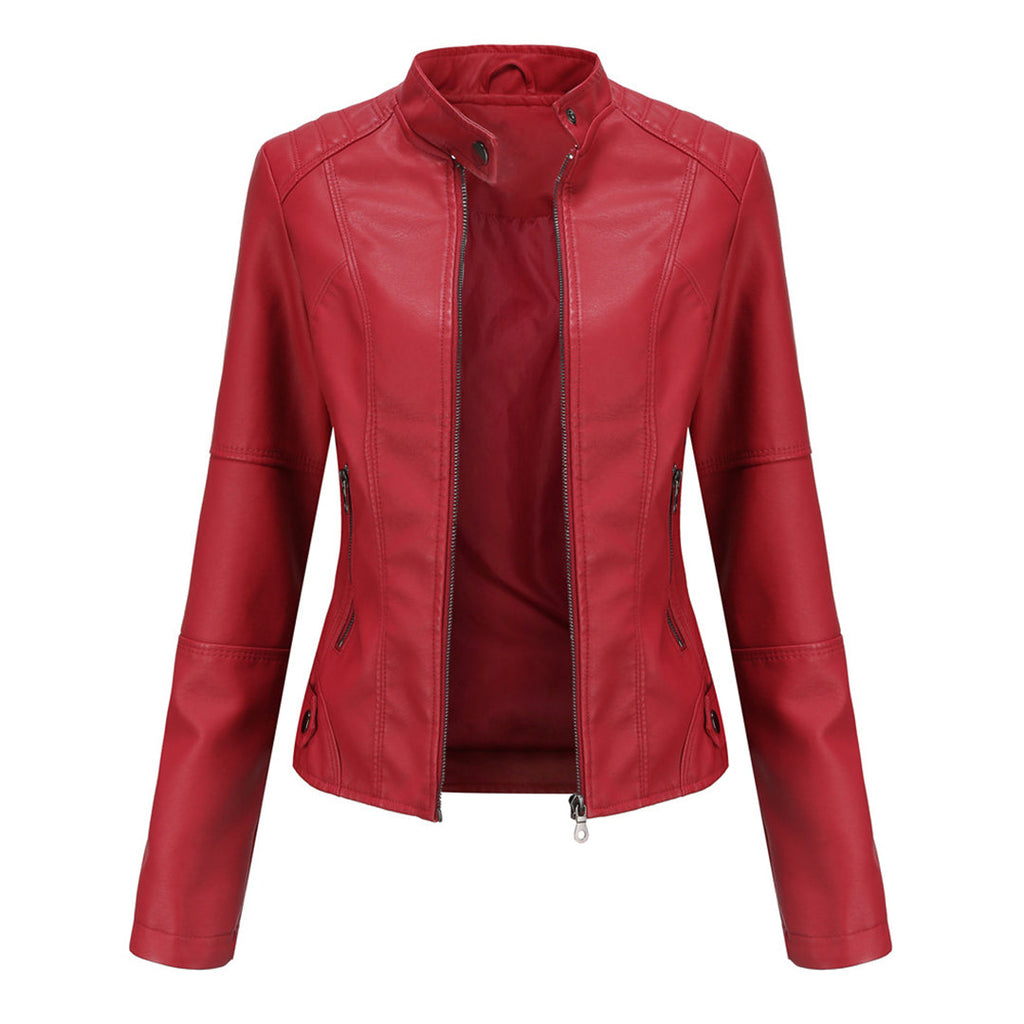 Les Odettes Zyra™ sleek red modern jacket with minimalist design, smooth fabric, and tailored fit displayed on a hanger.