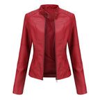 Les Odettes Zyra™ sleek red modern jacket with minimalist design, smooth fabric, and tailored fit displayed on a hanger.