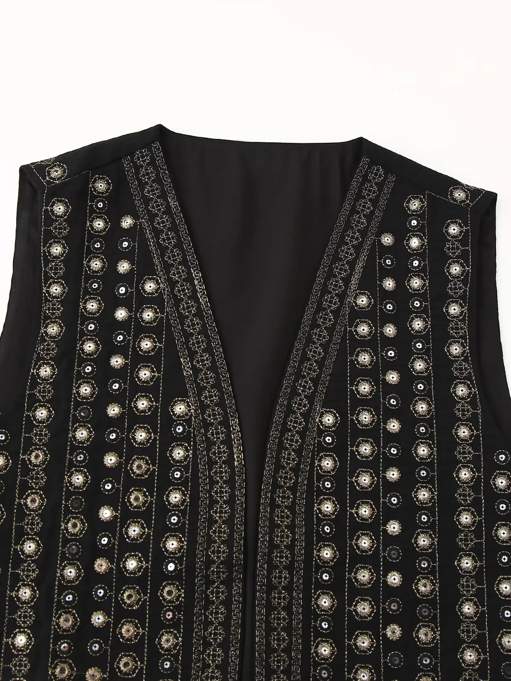 Celestia™ sequin pattern boho vest by Les Odettes, showcasing a stylish vest with shimmering sequin details and a relaxed bohemian fit.