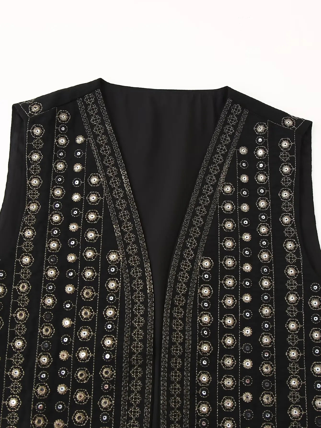 Celestia™ sequin pattern boho vest by Les Odettes, showcasing a stylish vest with shimmering sequin details and a relaxed bohemian fit.