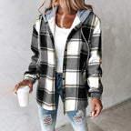 Les Odettes Carmen checkered lined women's cardigan featuring a stylish pattern and cozy design, perfect for casual wear.