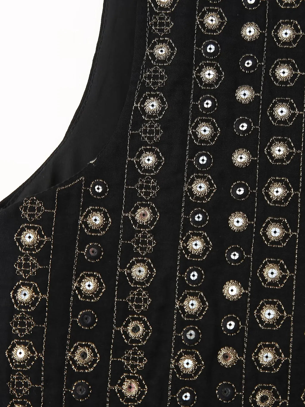 Les Odettes Celestia™ boho vest with sequin pattern, sleeveless design, and relaxed fit, showcasing intricate sequin details.