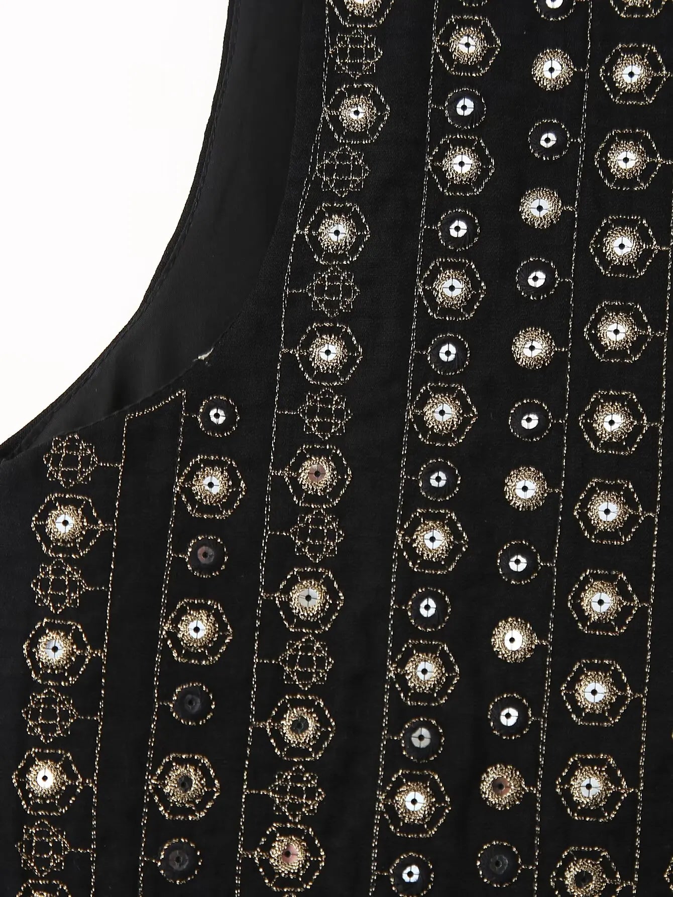 Les Odettes Celestia™ boho vest with sequin pattern, sleeveless design, and relaxed fit, showcasing intricate sequin details.