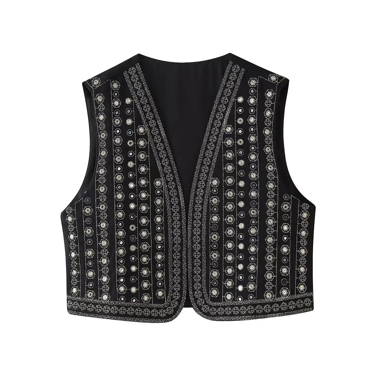 Les Odettes Celestia™ boho vest with sequin pattern, featuring a flowy, stylish sleeveless design and intricate embellishments.