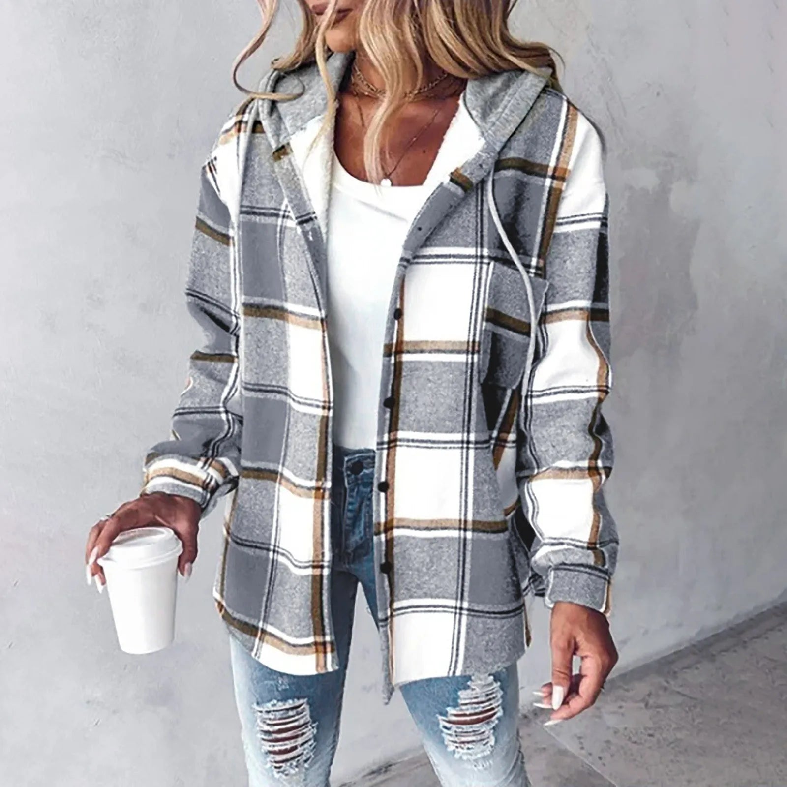 Les Odettes Carmen™ checkered lined women's cardigan featuring a cozy, stylish design with button closure and classic checkered pattern.