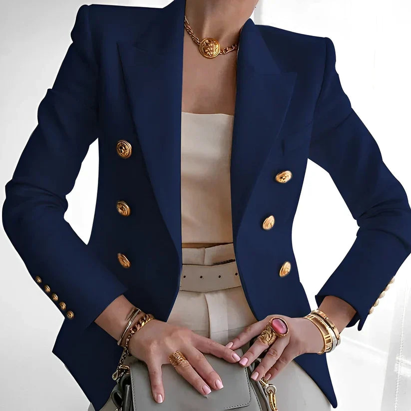 Les Odettes Monroe women's double-breasted blazer with gold buttons, tailored fit, in a classic professional style.