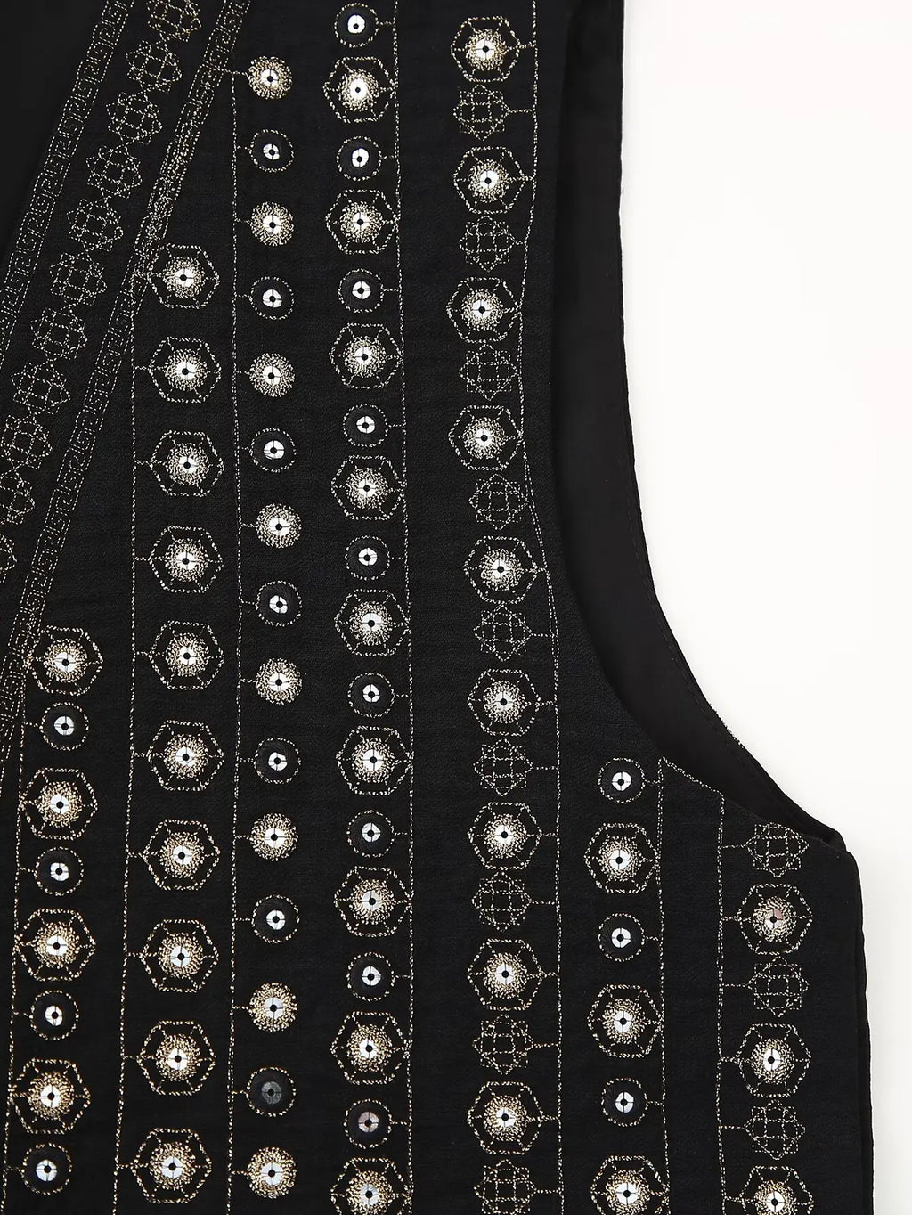 Les Odettes Celestia™ boho vest with sequin pattern, sleeveless design, and relaxed fit featuring colorful embellishments.
