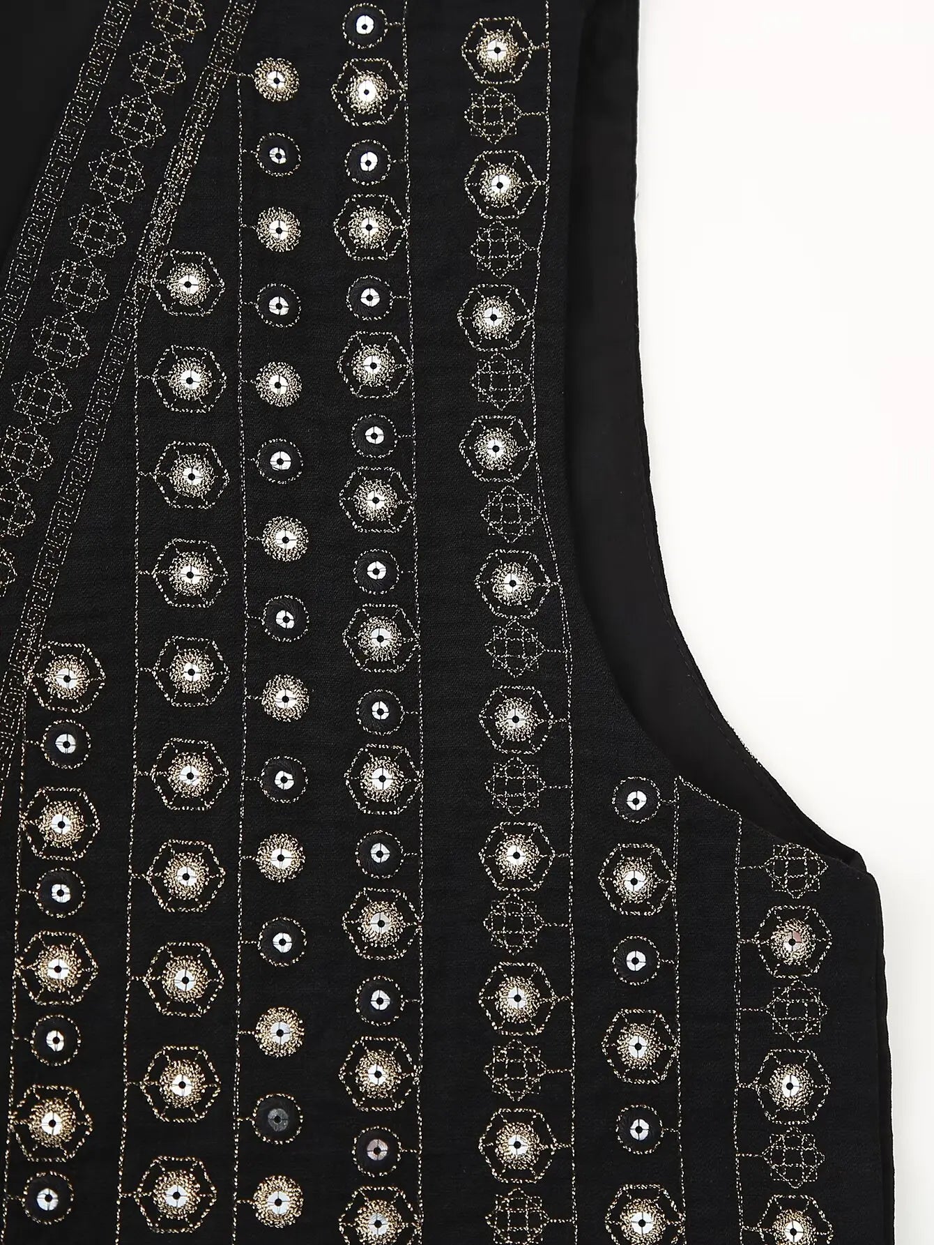 Les Odettes Celestia™ boho vest with sequin pattern, sleeveless design, and relaxed fit featuring colorful embellishments.
