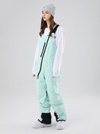 Women's Les Odettes Searipe oblique zipper winter snow pants ski bibs with snow-resistant fabric and adjustable straps.