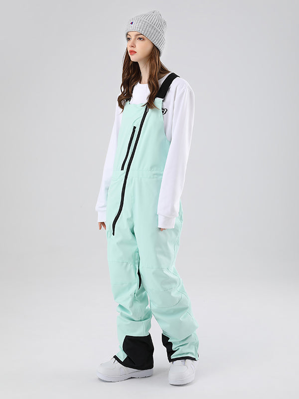 Women's Les Odettes Searipe oblique zipper winter snow pants ski bibs with snow-resistant fabric and adjustable straps.
