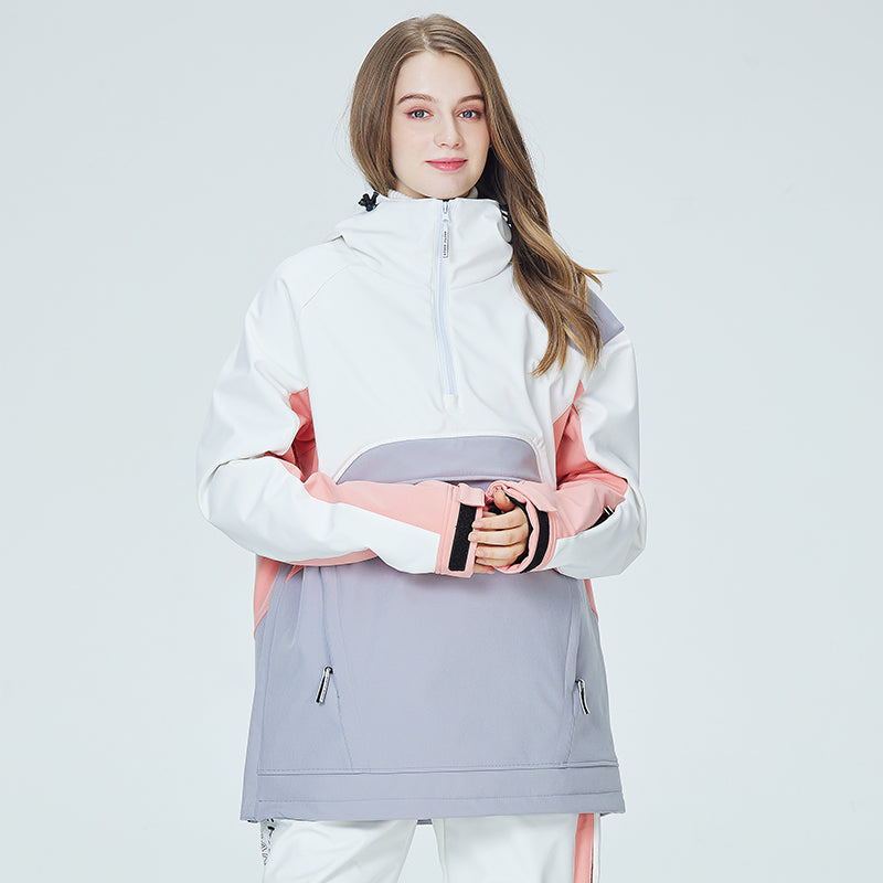 Women's Arctic Queen Mountain Star color block anorak snow jacket by Les Odettes, featuring vibrant design and insulated winter fabric.