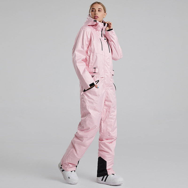 Men's RIVIYELE one-piece winter snowboard ski snowsuit by Les Odettes, showing the practical, stylish snow suit with hood and zipper details.