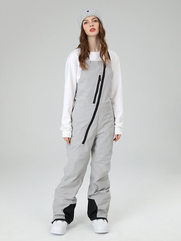 Women's Les Odettes Searipe oblique zipper winter crew snow pants ski bibs with adjustable straps and reinforced knee areas.
