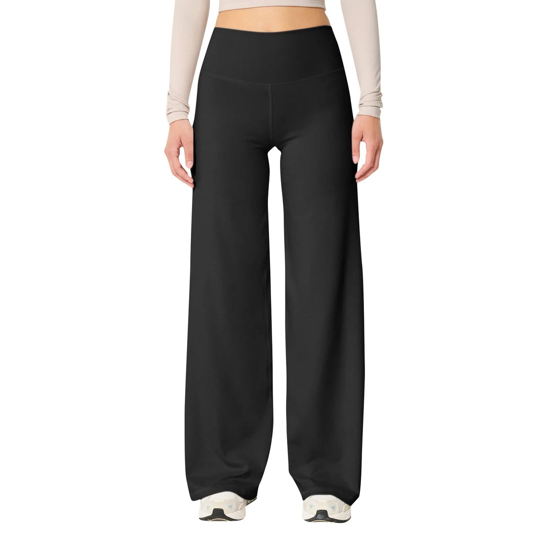 Les Odettes high waisted stretch yoga pants for women, slim fit, shown in black, with a close-up of the fabric and waistband.