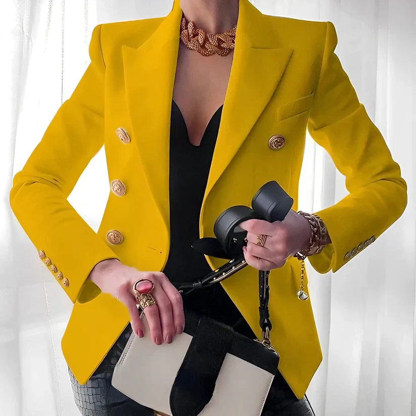 Les Odettes Monroe women's double-breasted blazer with gold buttons, tailored fit, in classic black fabric.