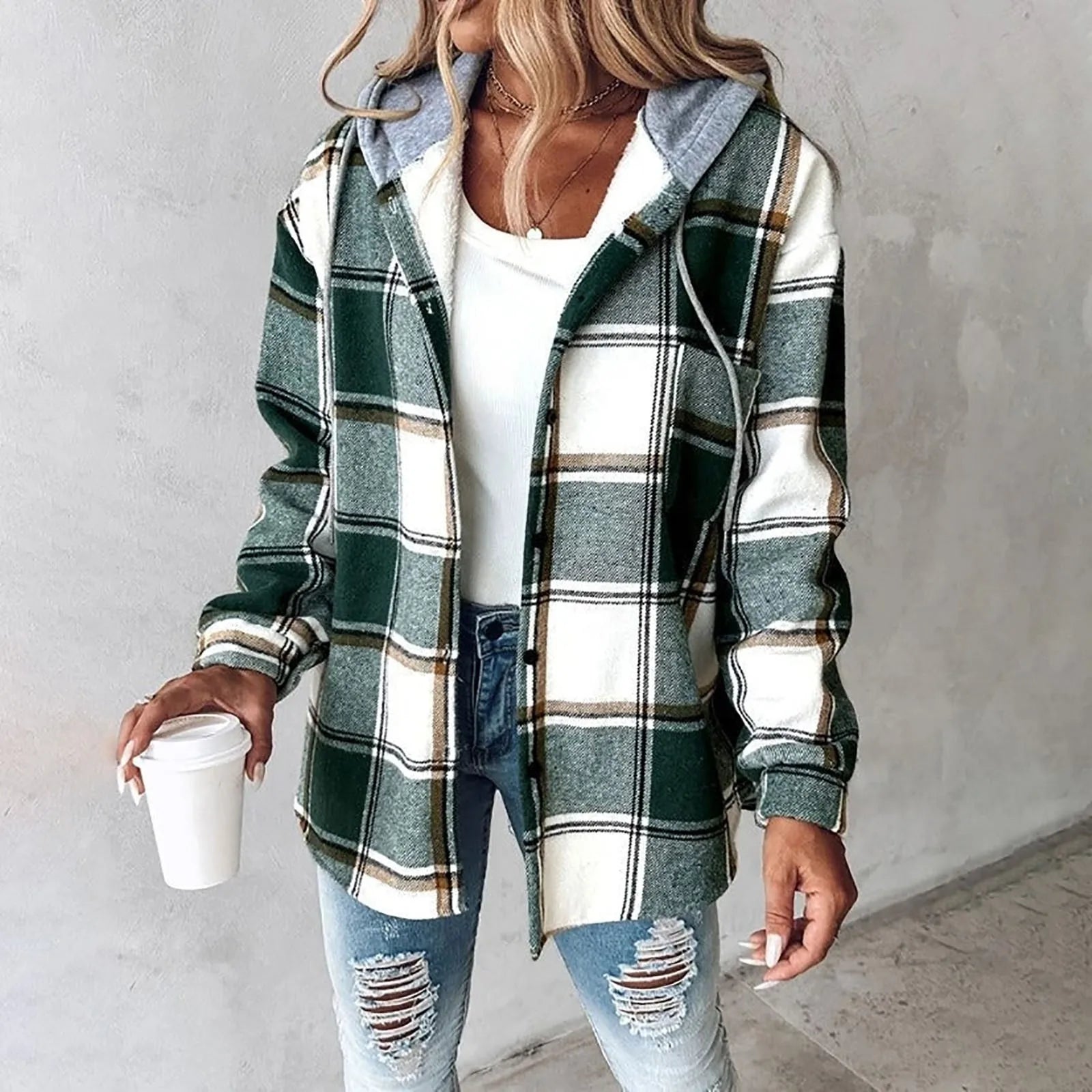 Les Odettes Carmen checkered lined cardigan for women, featuring a cozy, stylish knit with a checkered pattern and button details.