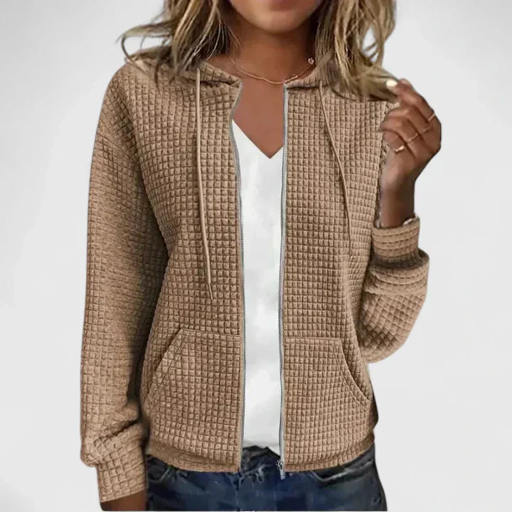 Olivia™ elegant cardigan by Les Odettes in soft knit, shown in a close-up of the stylish, cozy front design.