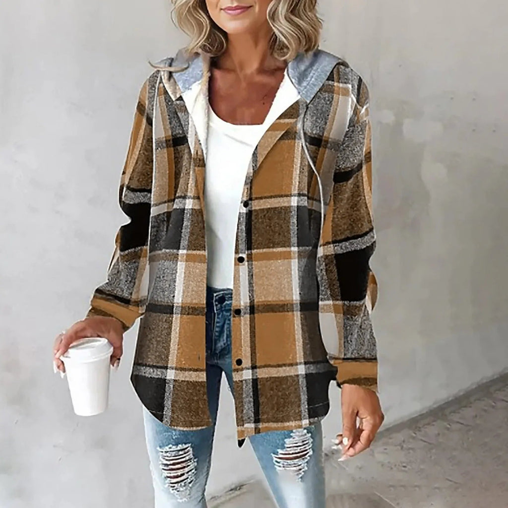 Checkered lined Carmen women's cardigan by Les Odettes featuring a cozy knit fabric and button closure, styled on a model.