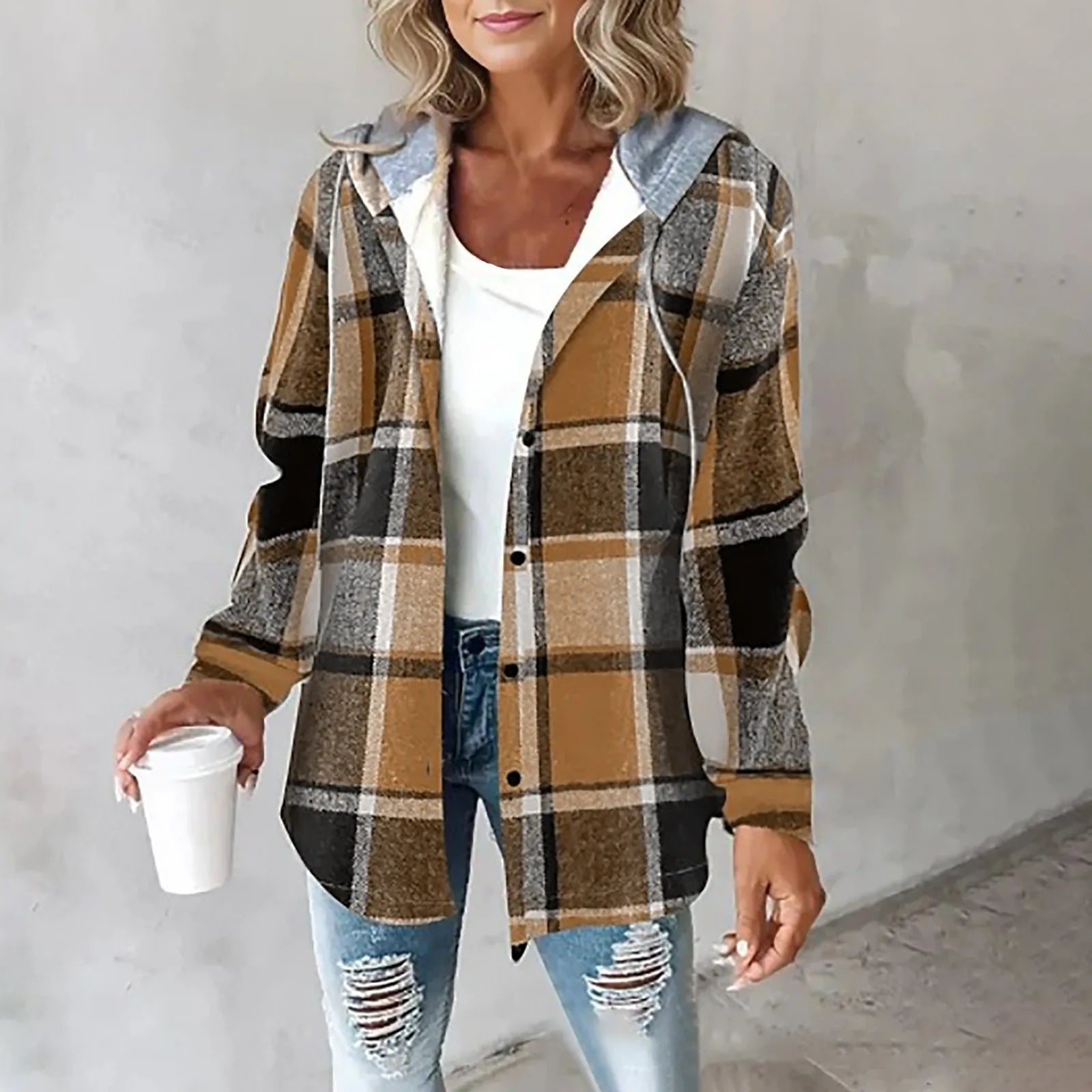 Checkered lined Carmen women's cardigan by Les Odettes featuring a cozy knit fabric and button closure, styled on a model.