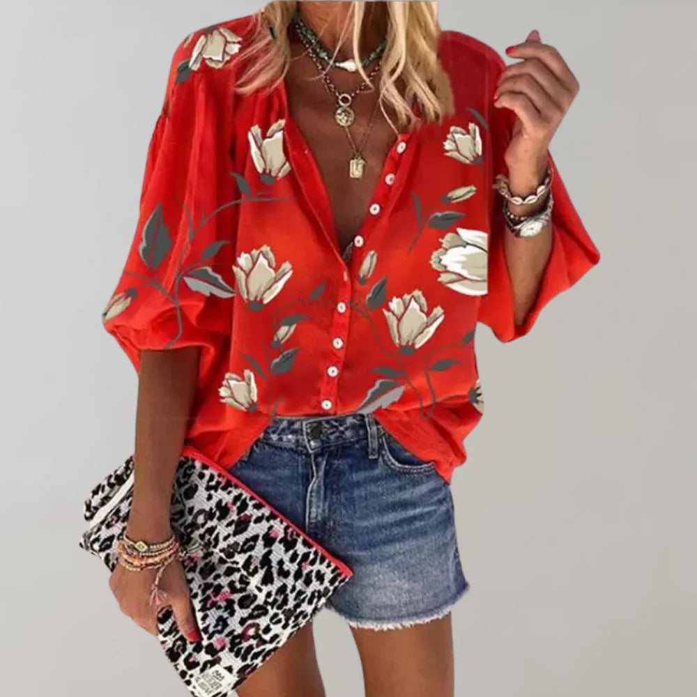 Women’s Floral Print Short Sleeve Relaxed Fit Summer Blouse