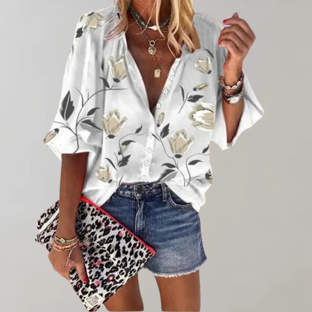 Women’s Floral Print Short Sleeve Relaxed Fit Summer Blouse