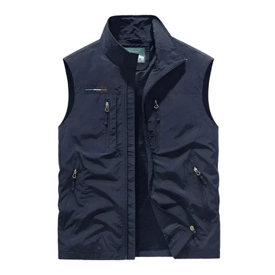 Men’s water-resistant insulated bodywarmer by Les Odettes, outdoor utility vest in black with zipper front and side pockets.