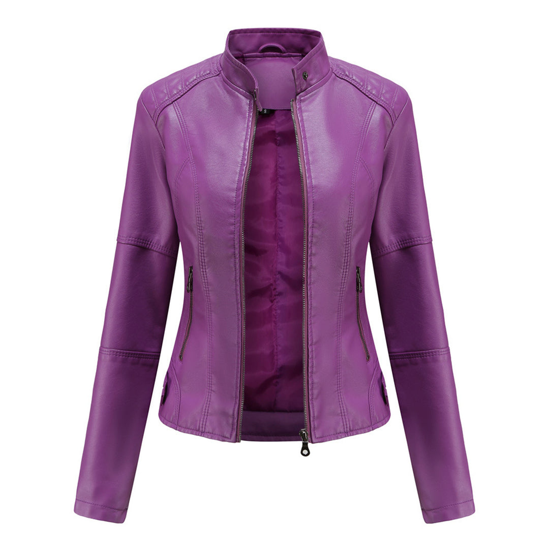 Violet Les Odettes Zyra™ sleek and modern jacket displayed on a hanger, showcasing its stylish design and contemporary fit.
